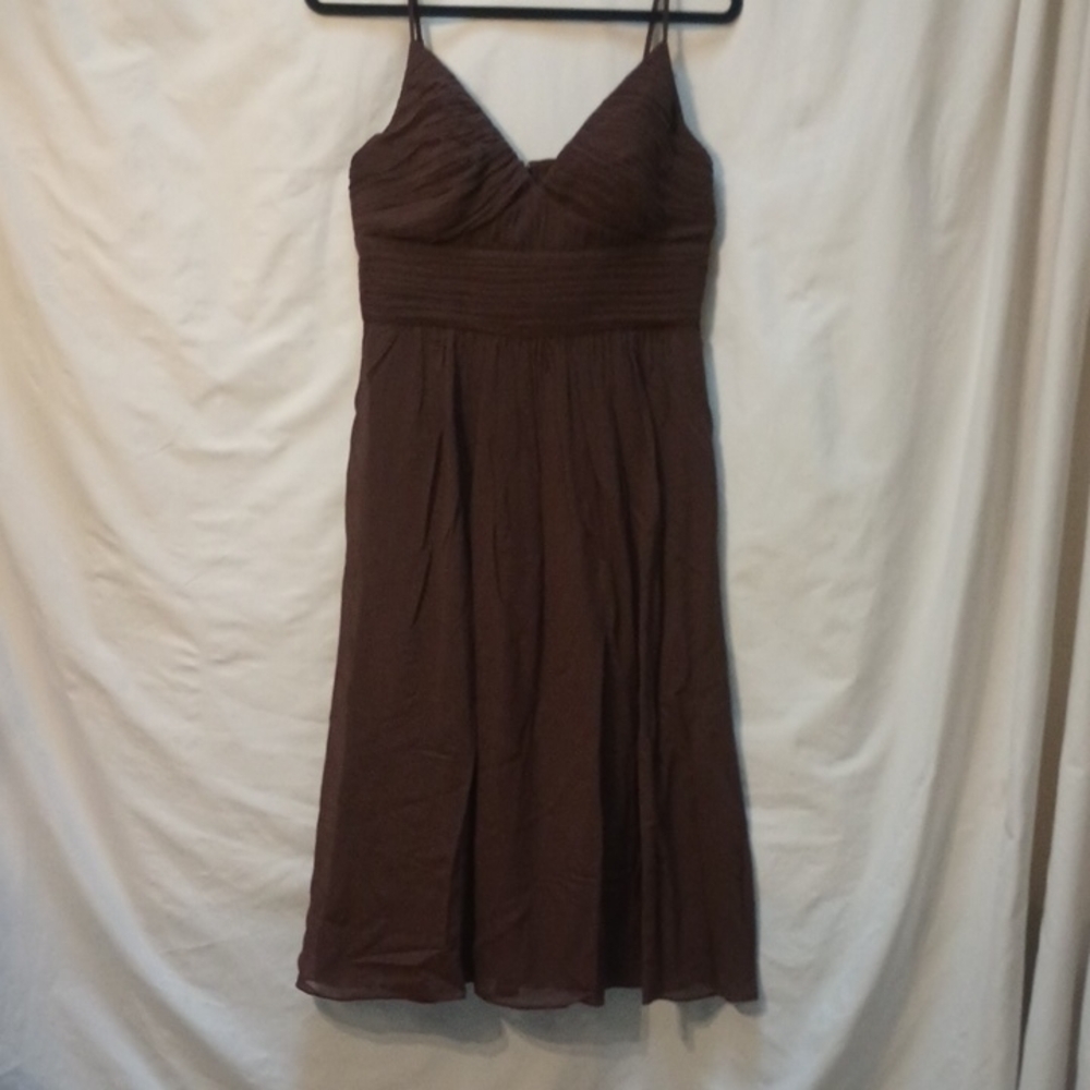 Brown Silk Gathered Bodice  Sleeveless Dress